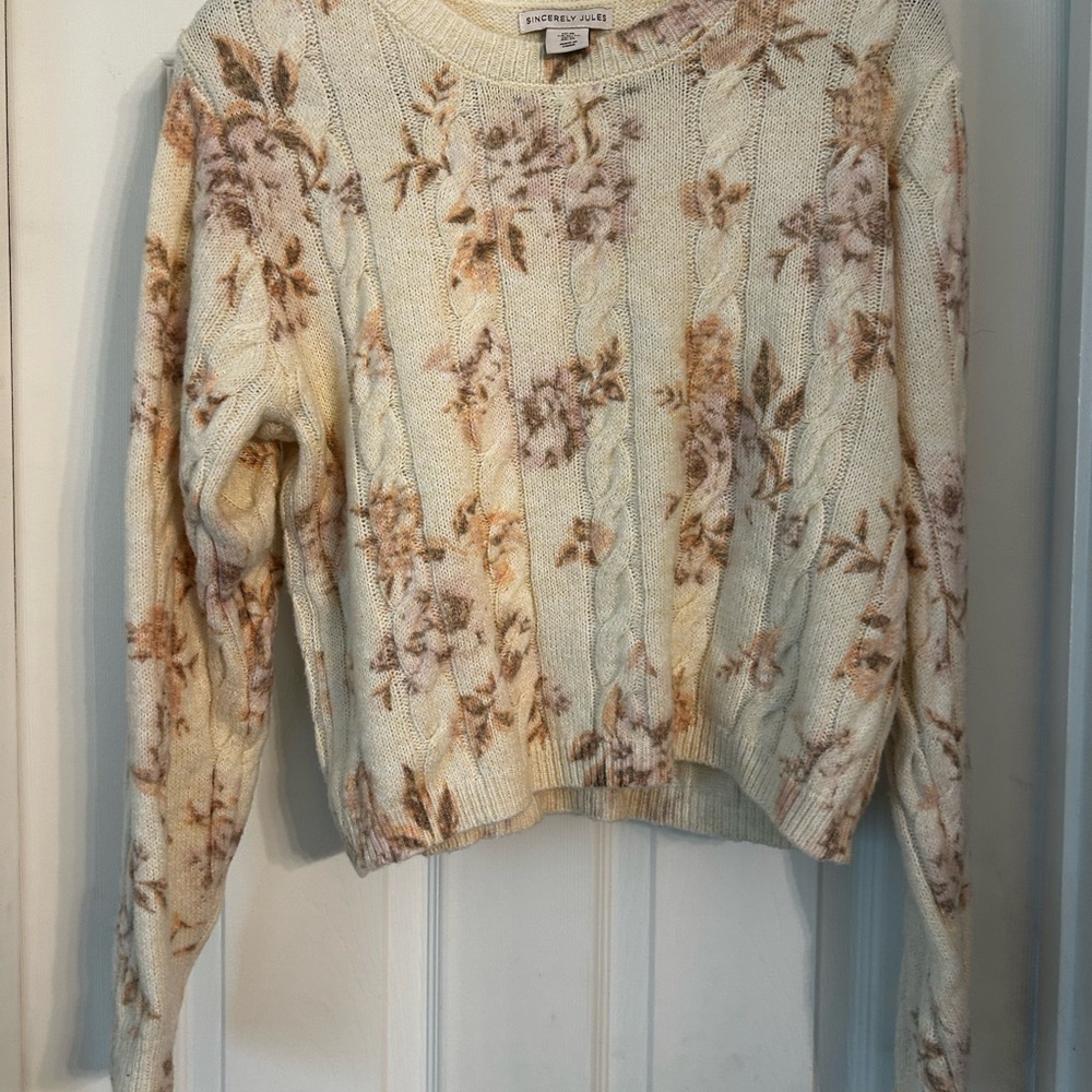 Sincerely Jules Floral Cable Knit Sweater - Cream and Tan